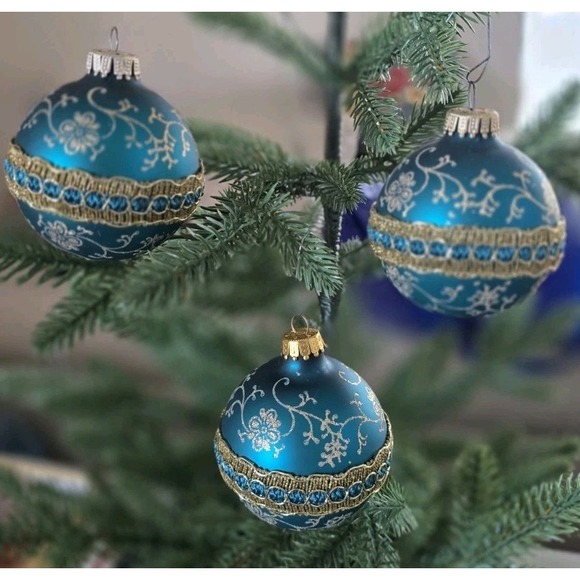 Lot Of 3 VTG Teal Turquoise Gold Lace Glitter Glass Ball Christmas Ornaments - Picture 5 of 5